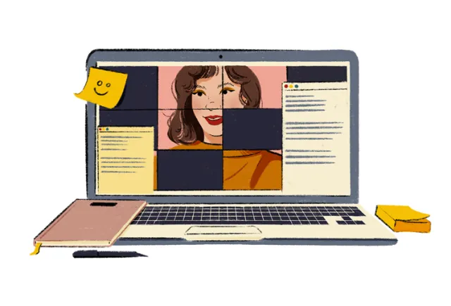 Laptop showing a video call with a woman's face and sticky notes around