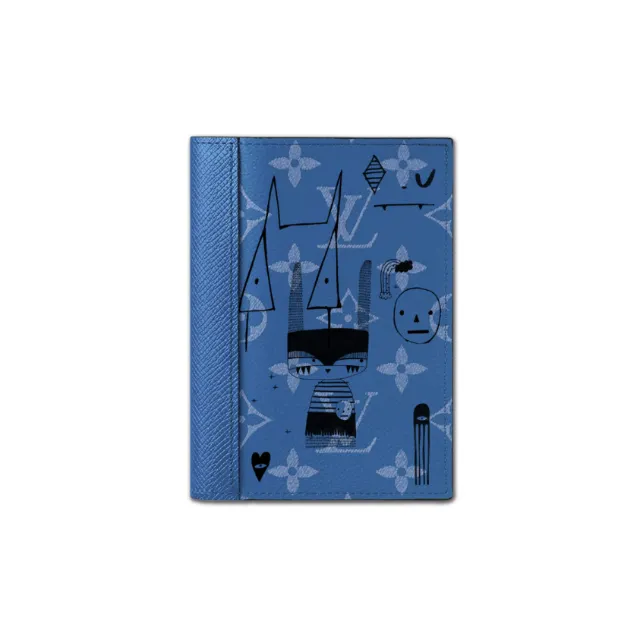Blue Louis Vuitton notebook with abstract faces and floral patterns