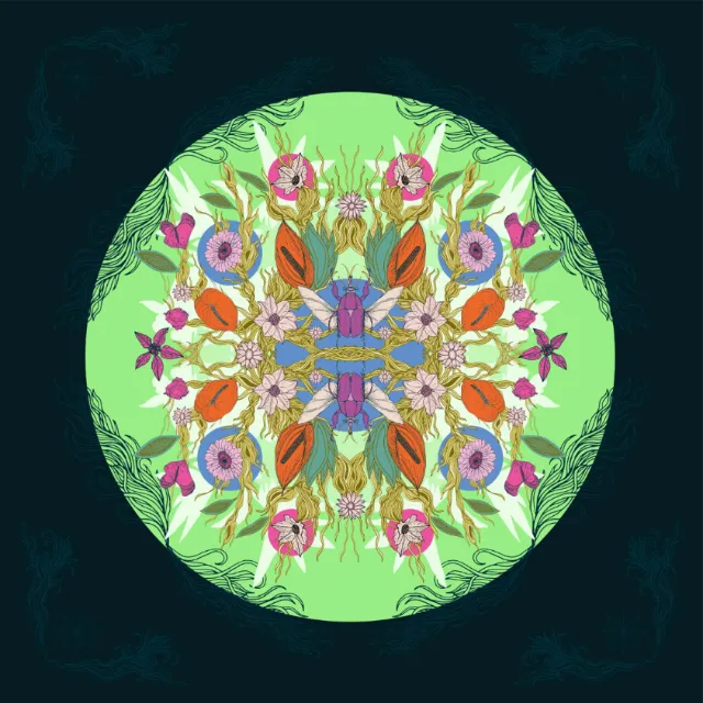Symmetrical floral mandala with vibrant flowers on light green