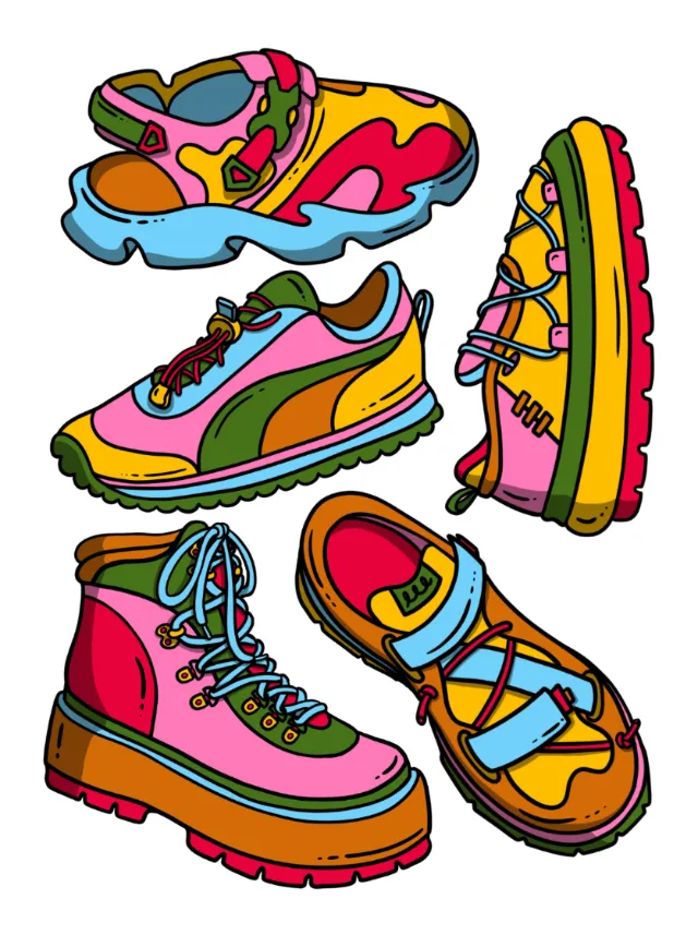 Brightly colored cartoon shoes and boots in various styles