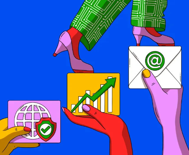 Hands holding email, graph, and security icons with a person stepping forward