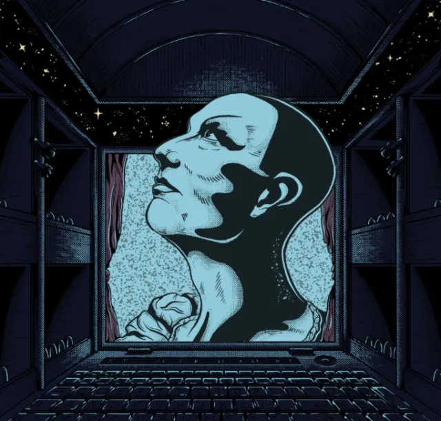 Theater audience watching a large sculpted head on screen by Philipp Beck