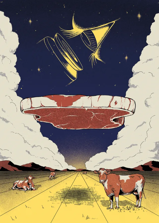 Steak beamed down from spacecraft above cows by Philipp Beck