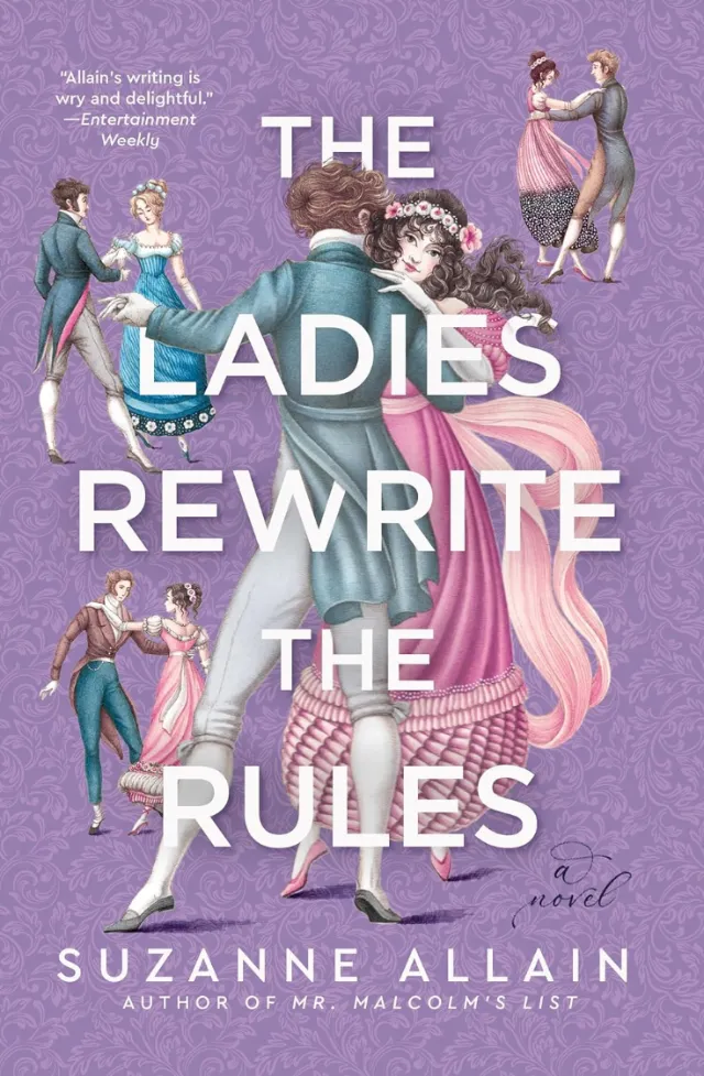 Couples in Regency-era clothing dancing on a purple book cover.