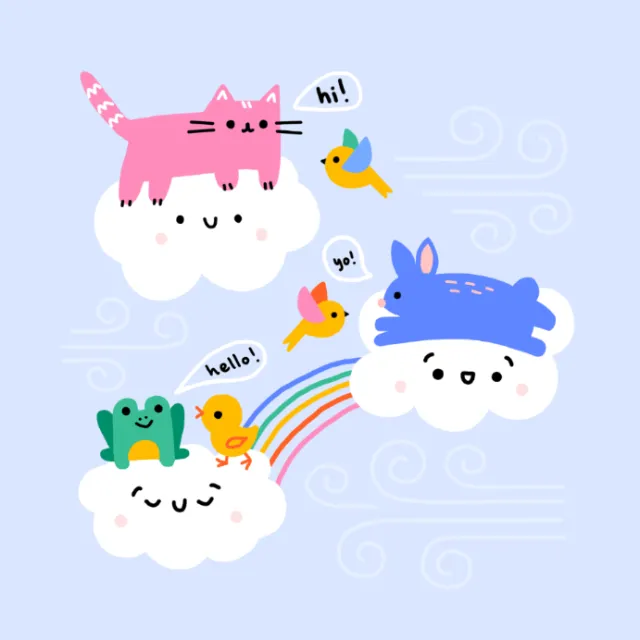 Cute animals on clouds with birds saying hi and hello