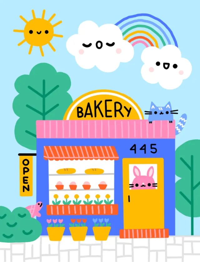 Colorful bakery with smiling clouds, sun, rainbow, cat, and bunny by Genna Blackburn