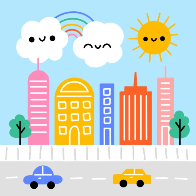 Smiling sun and clouds over colorful city buildings and cars on road.