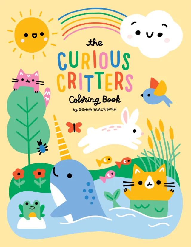Cute animals including a cat, rabbit, fish, frog, and dolphin with sun and cloud