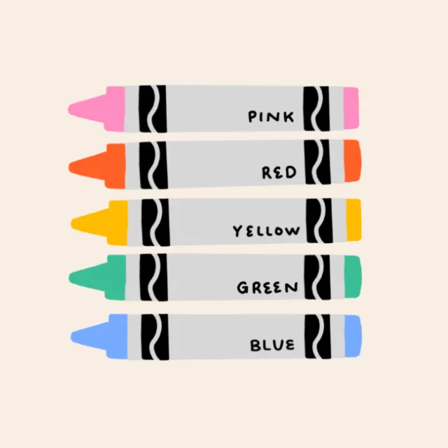 Five crayons labeled pink, red, yellow, green, and blue