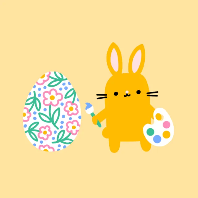 Cartoon bunny painting a decorated floral Easter egg