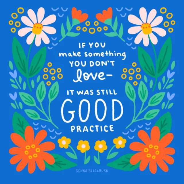 Floral illustration with quote about love and practice on blue background.