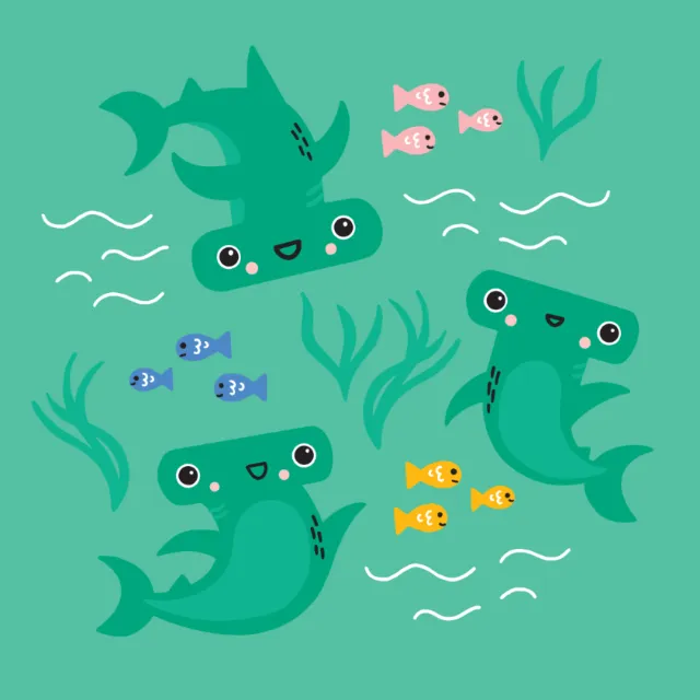 Three happy hammerhead sharks swimming among colorful small fish