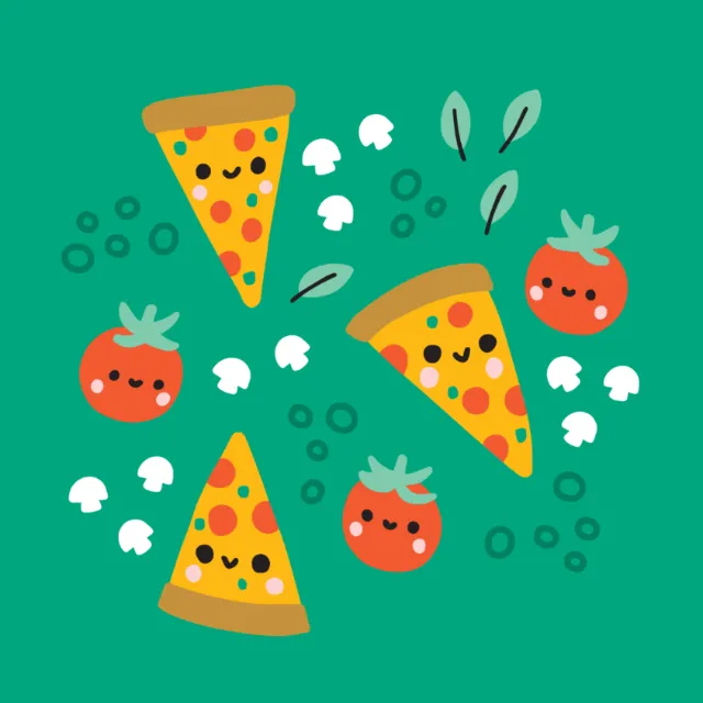 Smiling pizza slices, tomatoes, and mushrooms cartoon illustration