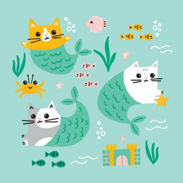 Cartoon mermaid cats underwater with fish, crab, and castle illustration