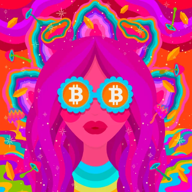 Psychedelic woman wearing bitcoin symbol sunglasses on colorful background