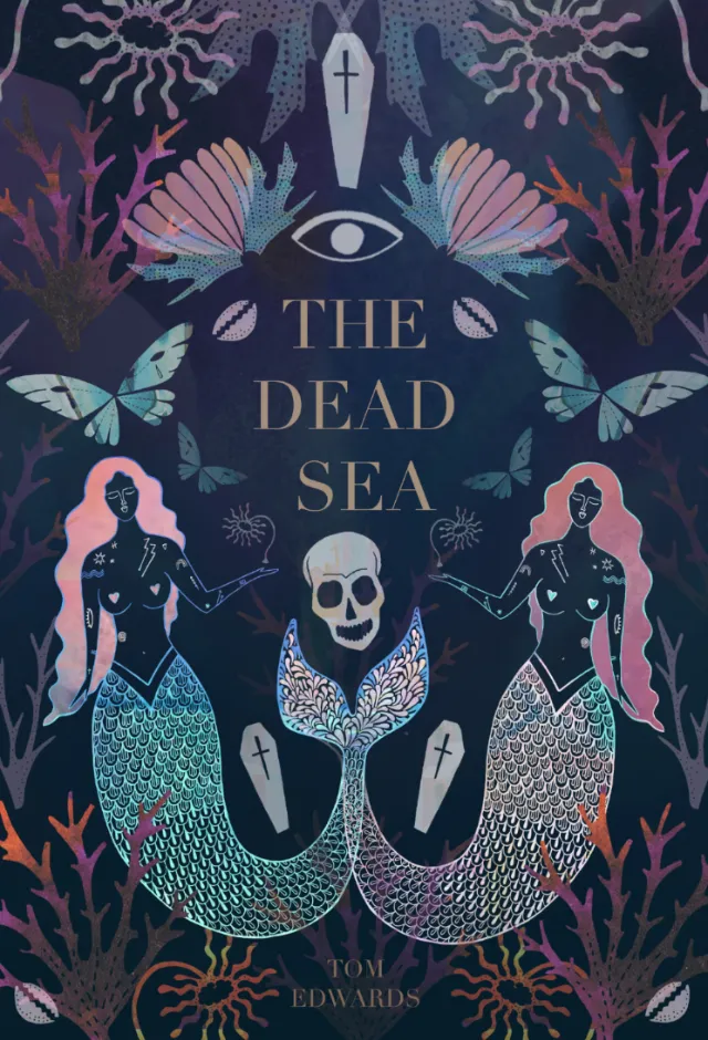 Illustration of two mermaids, skull, butterflies, and sea plants with 'The Dead Sea' text.