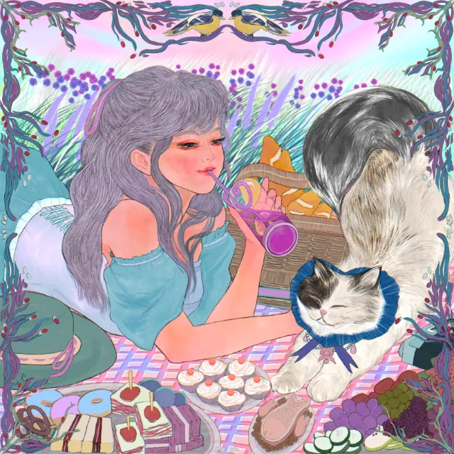 Woman with purple hair drinking juice surrounded by desserts and a cat