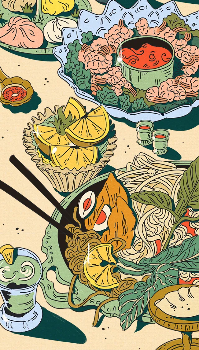 Colorful Asian food illustration with dumplings, noodles, and dipping sauces