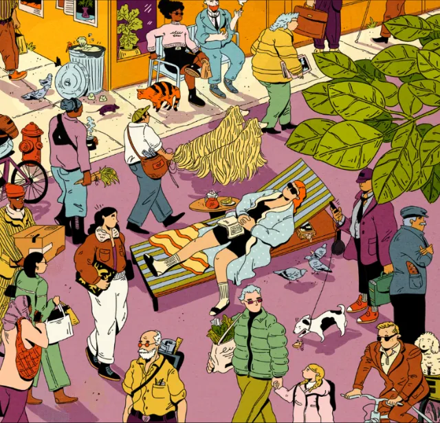 Outdoor scene with people, a man on a stretcher, and dogs near green leaves