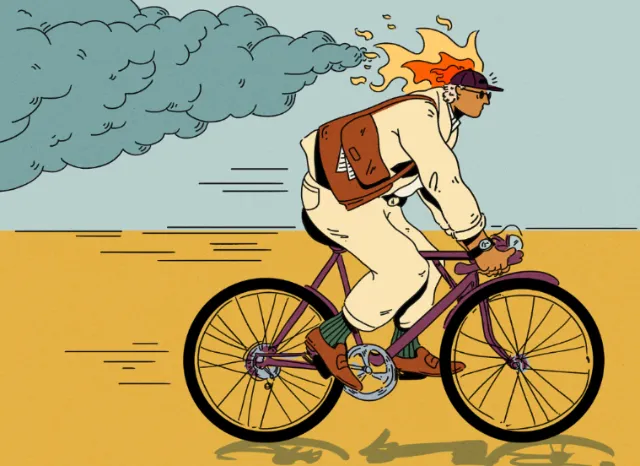 Cyclist with flaming head riding a bicycle with smoke trail