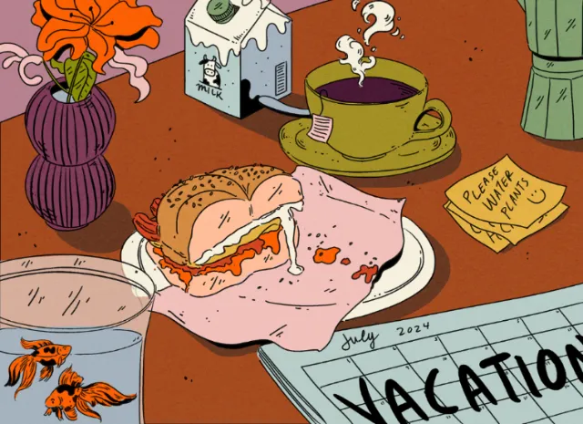 Breakfast sandwich with melting cheese, coffee cup, milk carton, fish bowl, and vacation plans