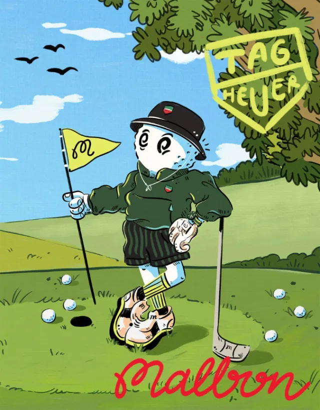 Cartoon golfer holding flag with Tag Heuer logo on golf course
