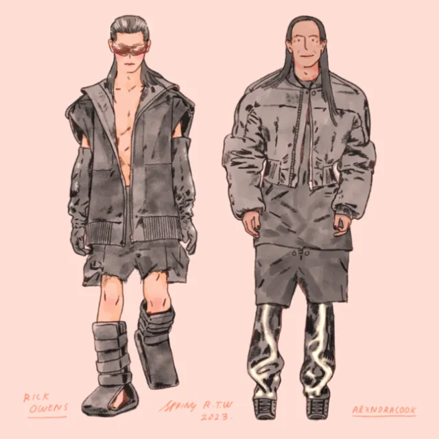 Two fashion models on catwalk wearing oversized gray outfits
