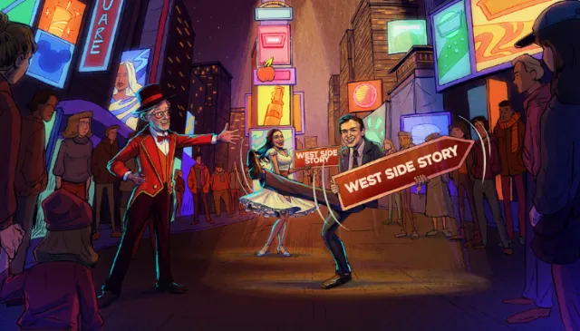 Dancers performing on vibrant city street with neon signs at night