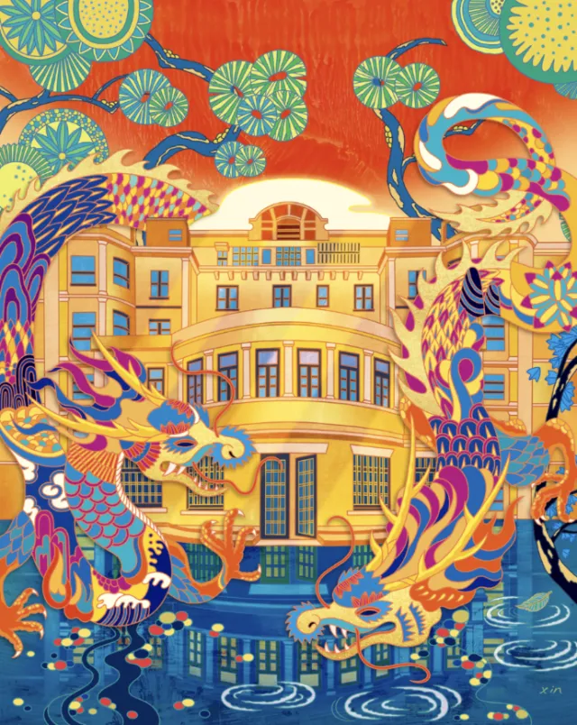 Bright Asian dragons swirling around a traditional yellow building with water below.