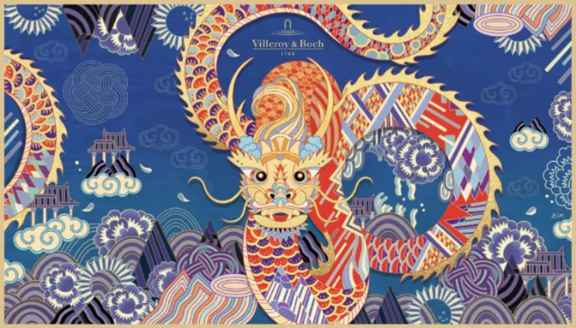 Colorful Asian dragon winding through a stylized blue landscape