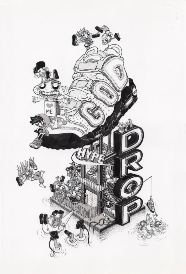 Black and white drawing of a sneaker with cartoon characters and words like GO, ME, HYPE, DROP