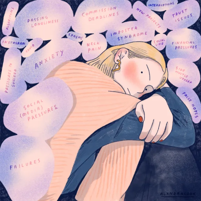 Person hugging knees surrounded by words like anxiety and social pressures