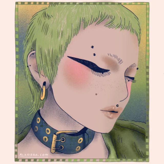 Close-up illustration of person with green hair and dark winged eyeliner