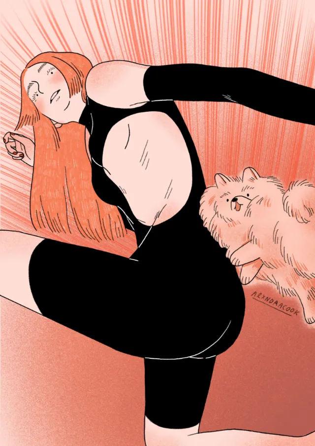 Woman in black outfit stretching with a fluffy cat beside her