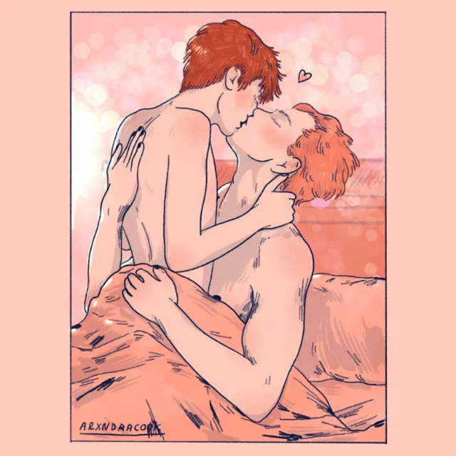Two men kissing passionately in bed with a pink background.