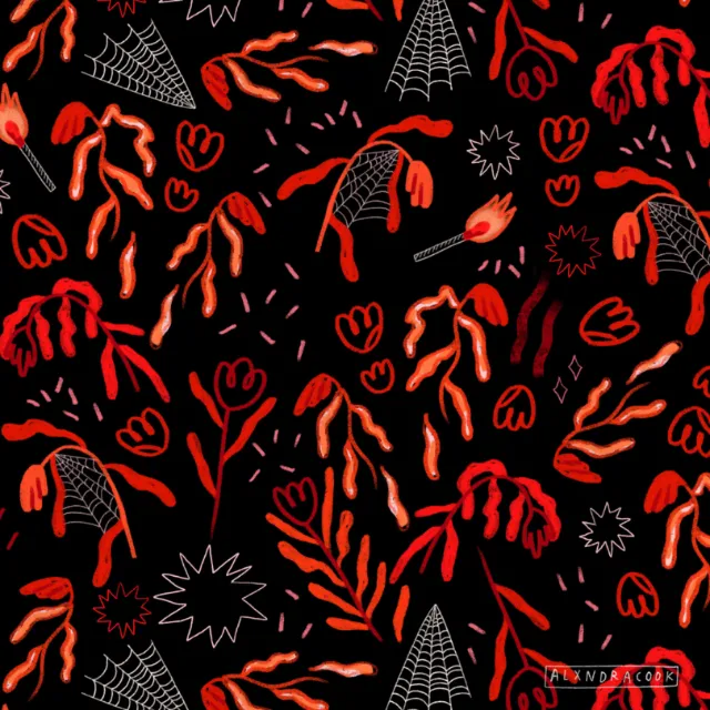 Red and orange floral and spiderweb pattern on black background