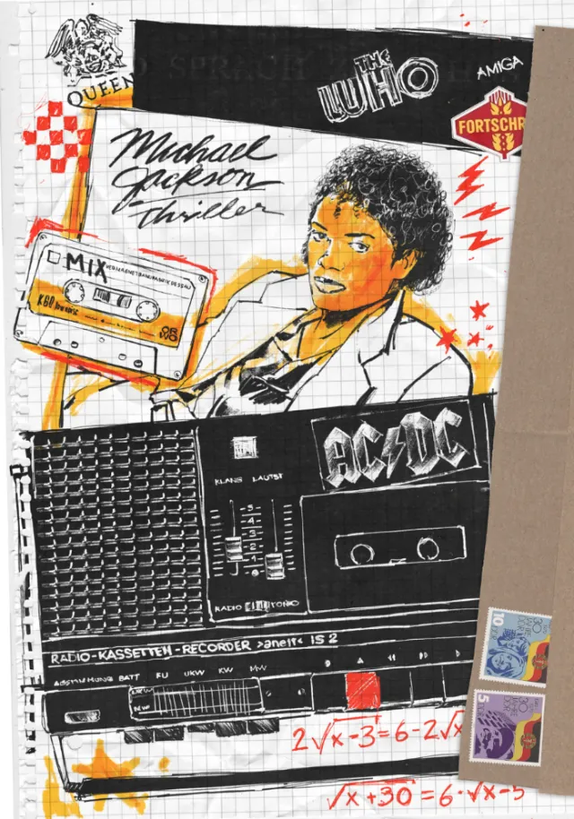 Illustration of Michael Jackson with cassette tapes and band logos