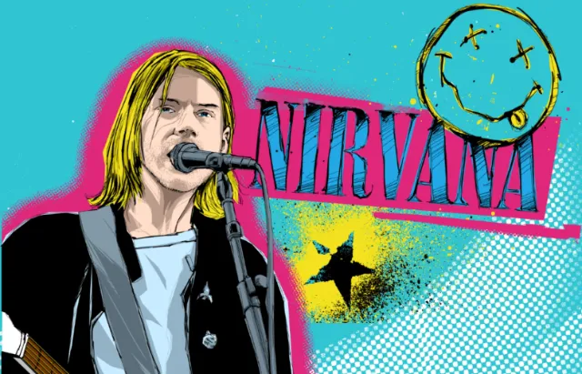 Kurt Cobain singing with Nirvana logo and smiley face artwork