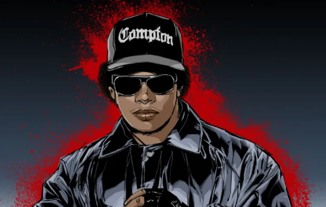 Person wearing Compton hat, sunglasses, and black jacket with red background