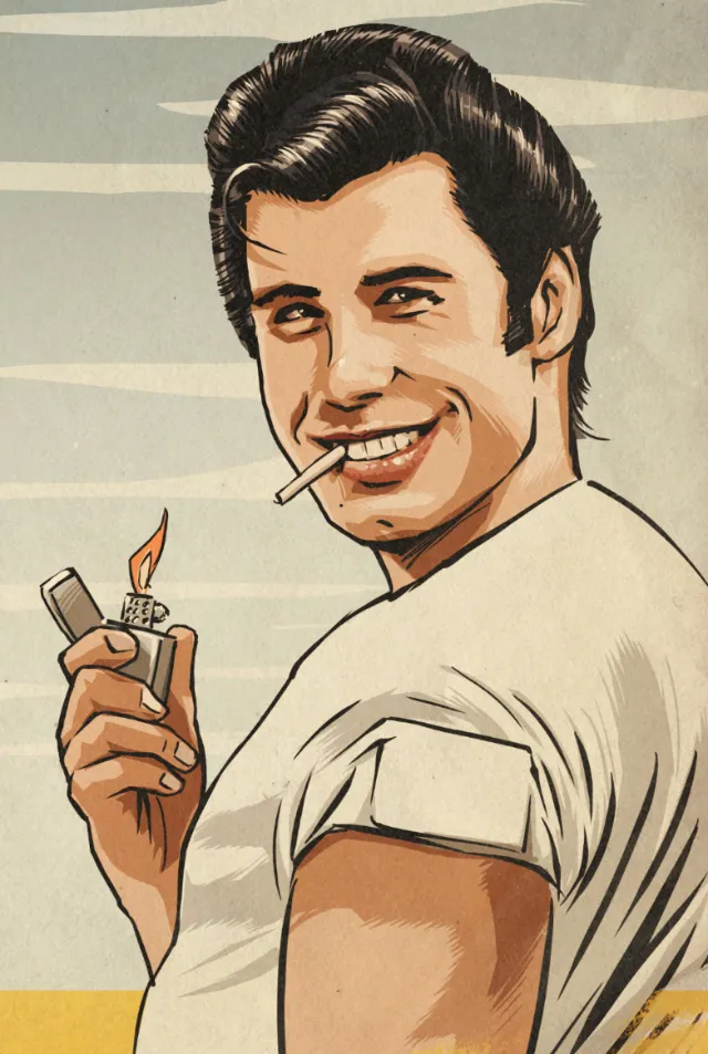 Smiling man lighting cigarette with lighter in vintage style illustration