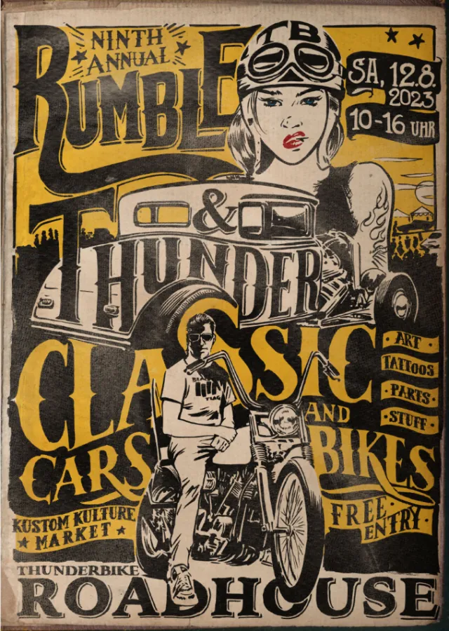 Vintage poster for Rumble and Thunder Classic Cars and Bikes event with illustrations.