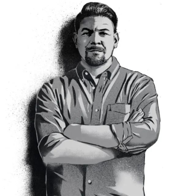Black and white illustration of a man with crossed arms and confident expression