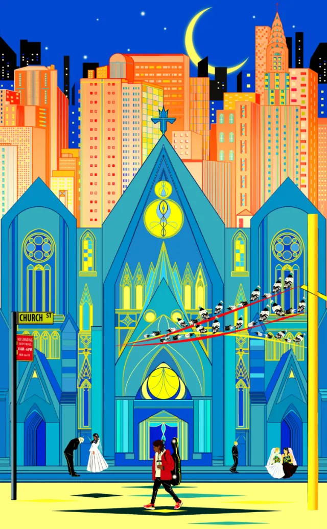 St. Patrick's Cathedral at night with weddings and city skyline