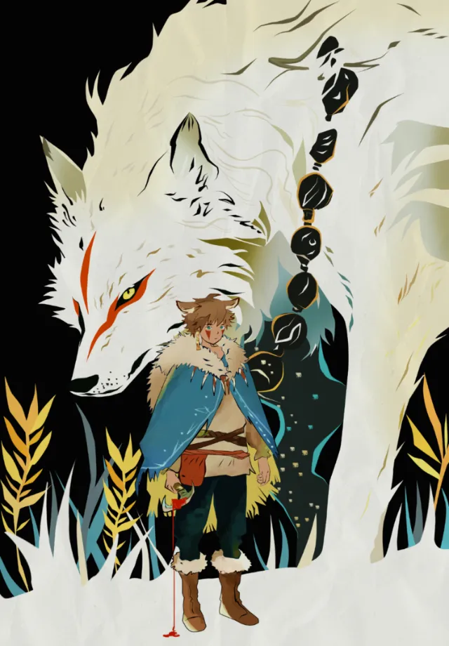 Hunter character with large white wolf inspired by Princess Mononoke