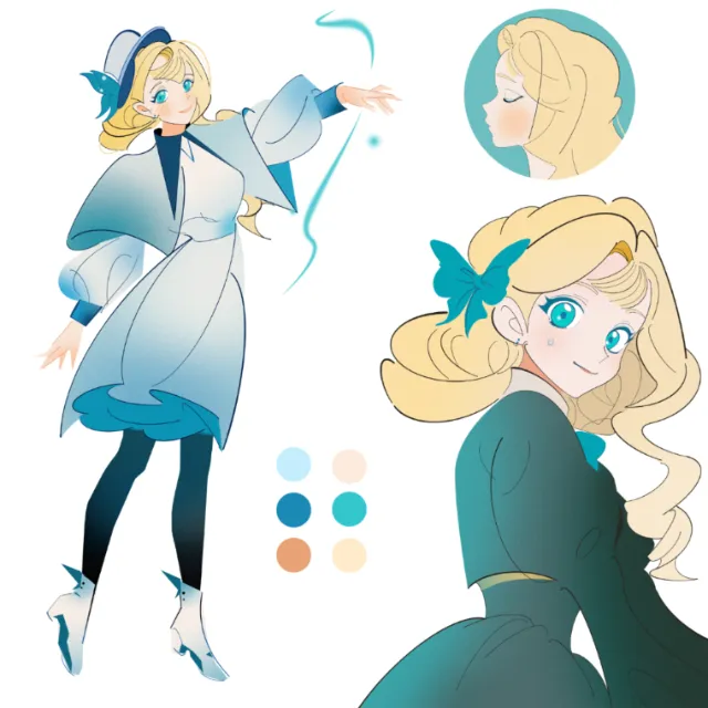 Illustration of a shy French witch girl with blonde hair and blue outfit