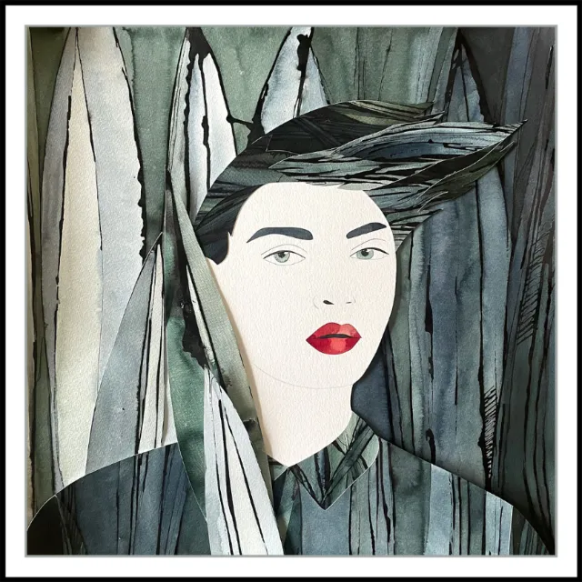 Artistic portrait of a person with sharp features and red lips