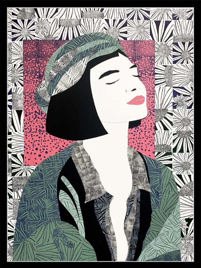 Illustration of woman with black hair, patterned jacket, and hat with closed eyes.