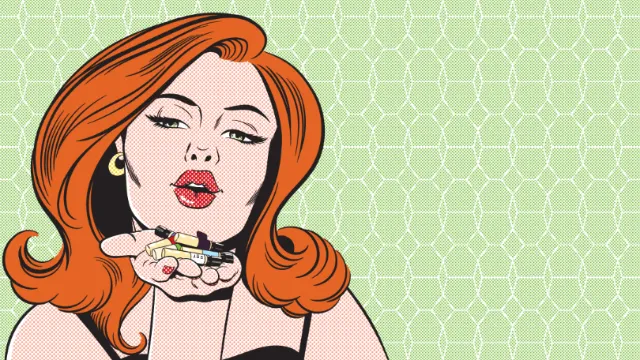 Red-haired woman blowing a kiss holding a lipstick in pop art style
