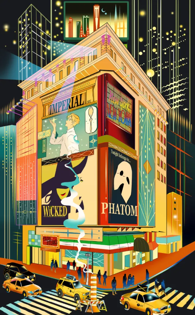 Broadway theater building with illuminated posters at night