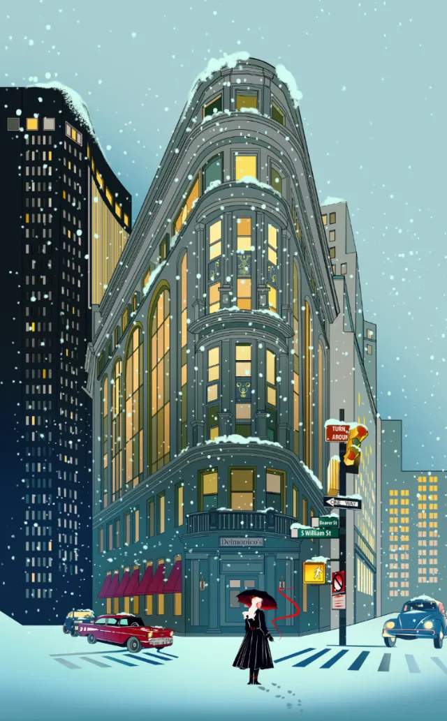 Snowy evening at Delmonico's Building with a woman under umbrella